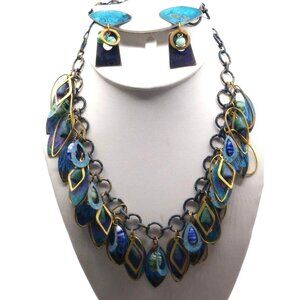 Vintage Colorful Painted Brass Dangles Necklace and Earrings Set, Retro Bib